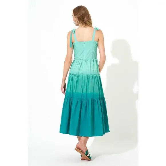 Oliphant NEW‎ Tie Strap Button Cotton Poplin Midi Dress in Ombre Green - Size XS